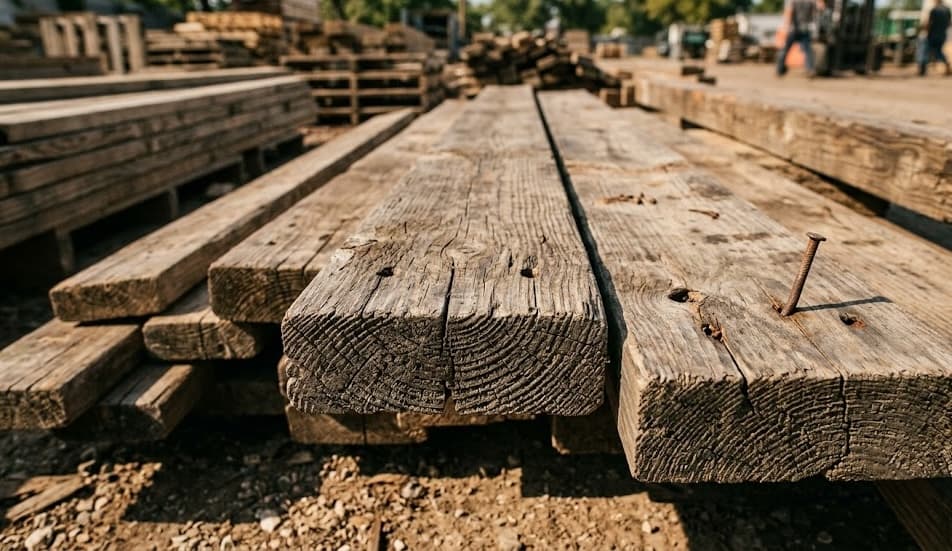 Reclaimed lumber boards with authentic character — nail holes, weathered grain, natural patina